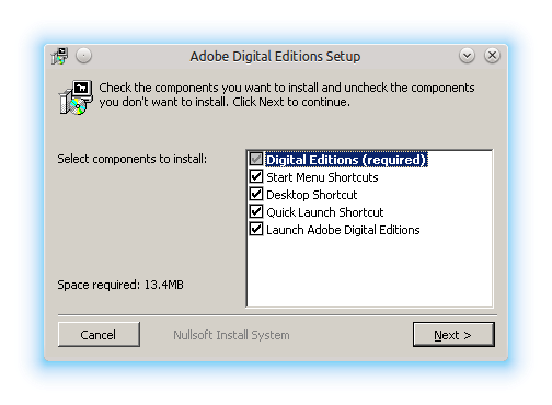 Adobe Digital Editions Setup window