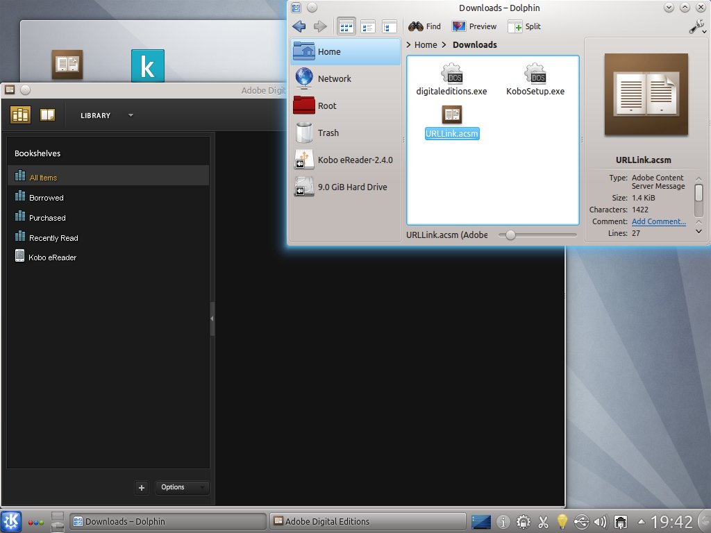 KDE desktop with ADE and a file manager containing an ebook