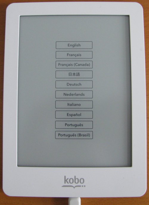 Kobo eReader language selection screen