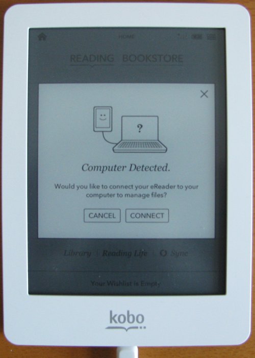 Kobo eReader computer detected connect prompt screen