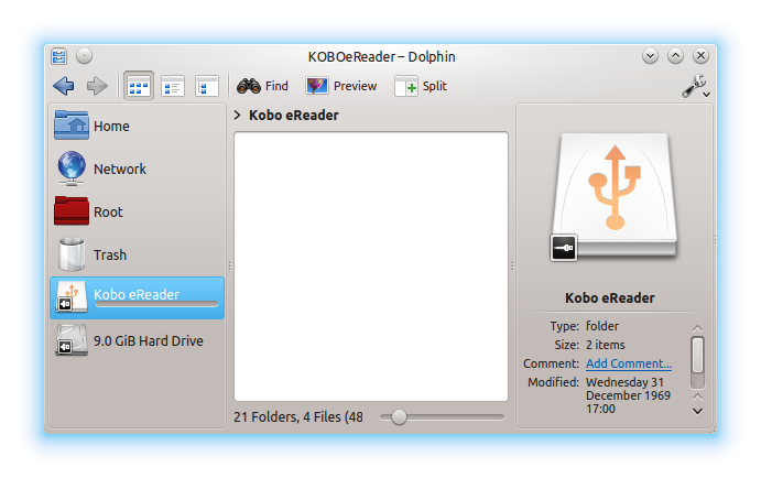 Dolphin file manager with Kobo eReader mounted