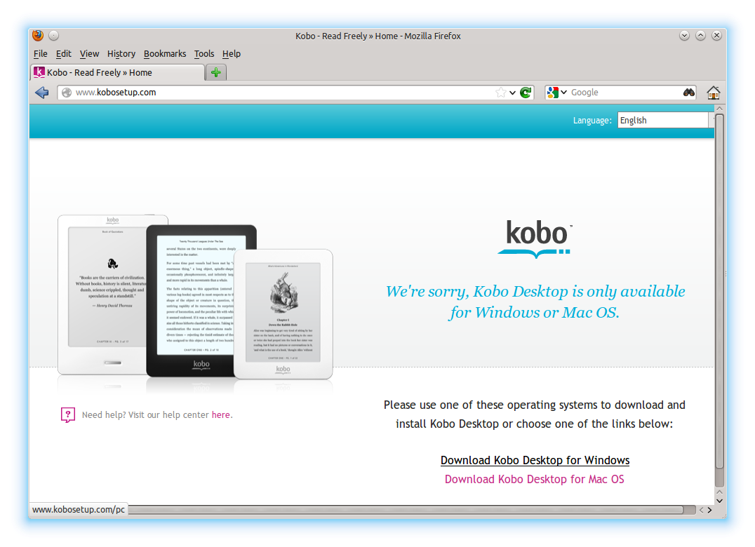 Browser displaying kobosetup.com web site