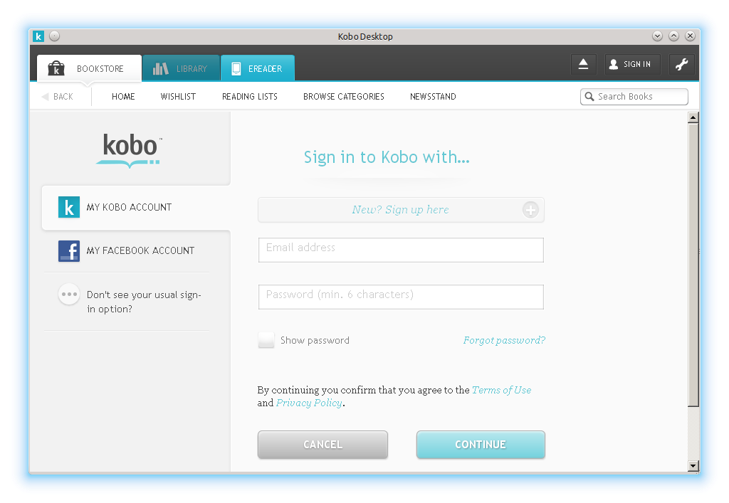 Sign in to Kobo window