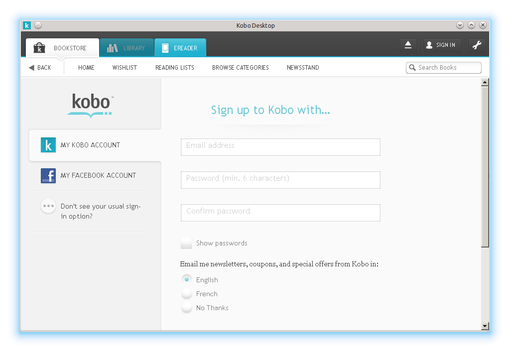 Sign up to Kobo window