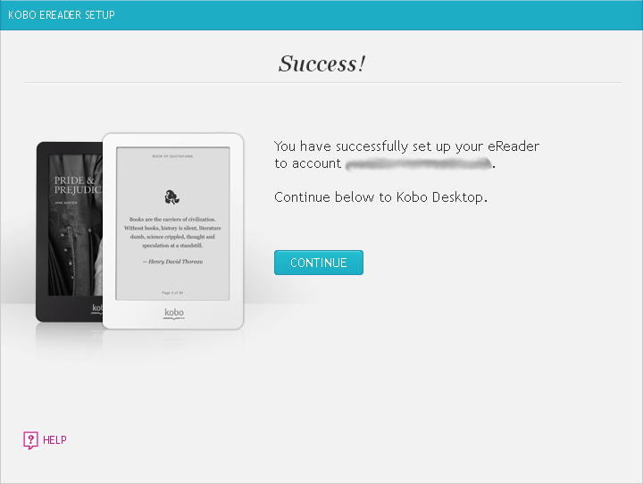 Kobo Desktop eReader successfully set up window