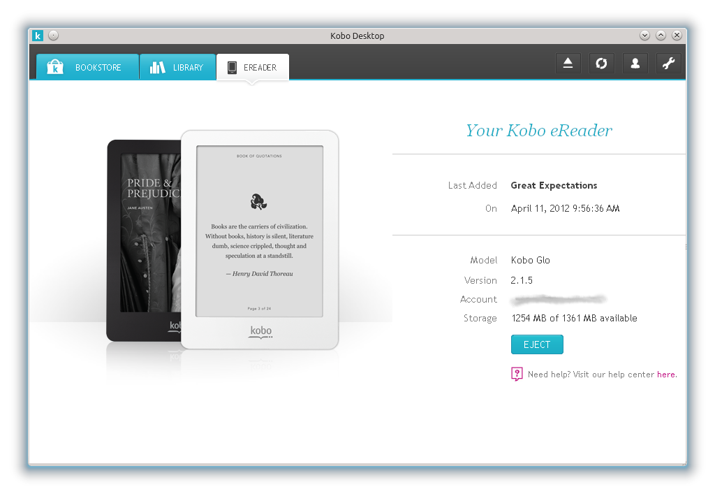 Kobo Desktop eReader tab window