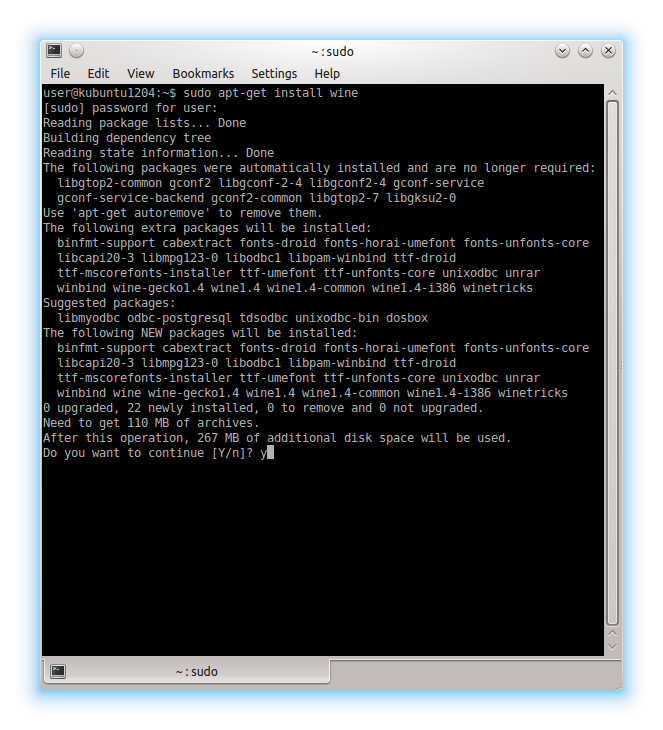 Wine install command in terminal window