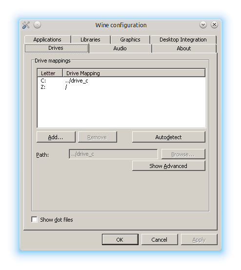 Drives tab selected in the Wine configuration window