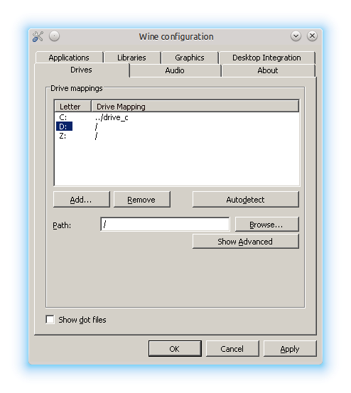 Drive D: settings shown in Wine configuration window