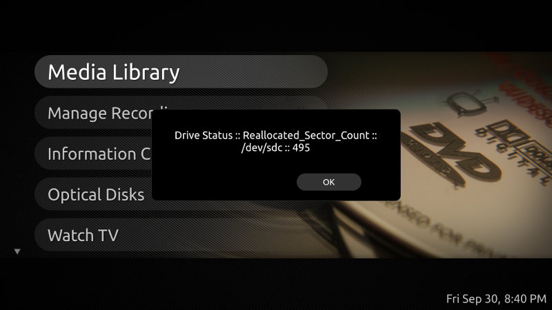 MythTV screen with notification of disk drive bad sectors