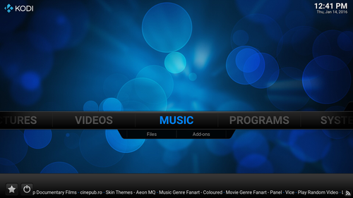 Kodi media center main screen