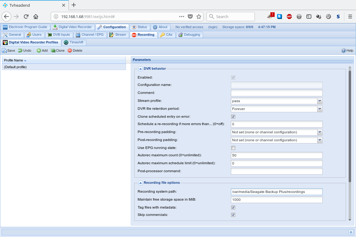 Tvheadend Configuration Recording