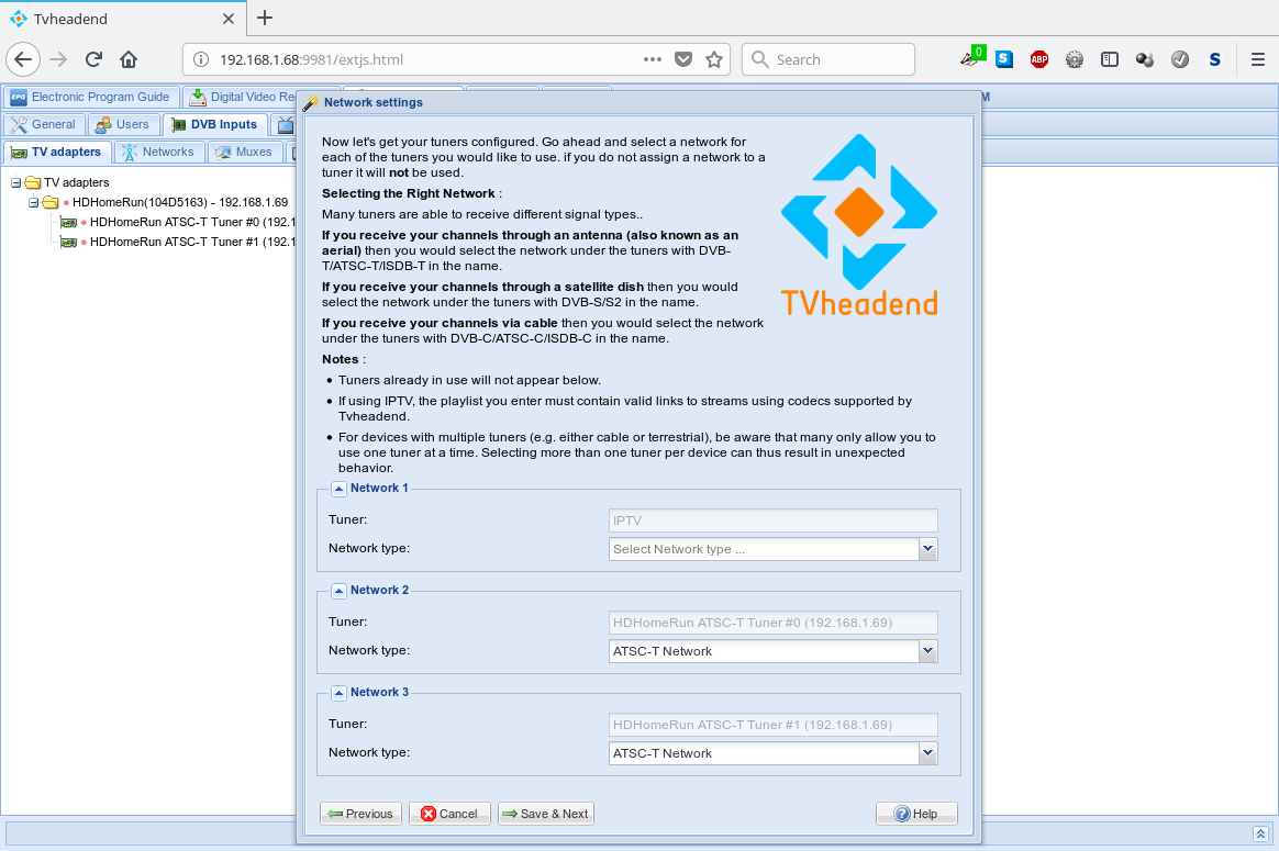 Tvheadend Network settings