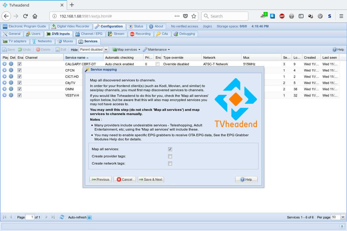 Tvheadend Service mapping
